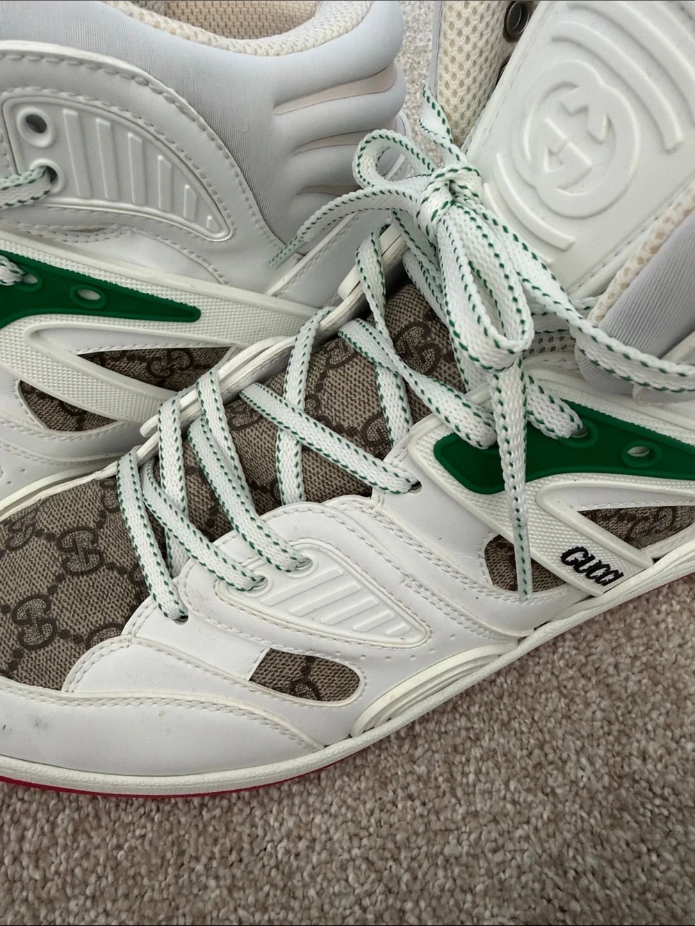 Gucci White High-Top Sneakers with Green and Red Accents